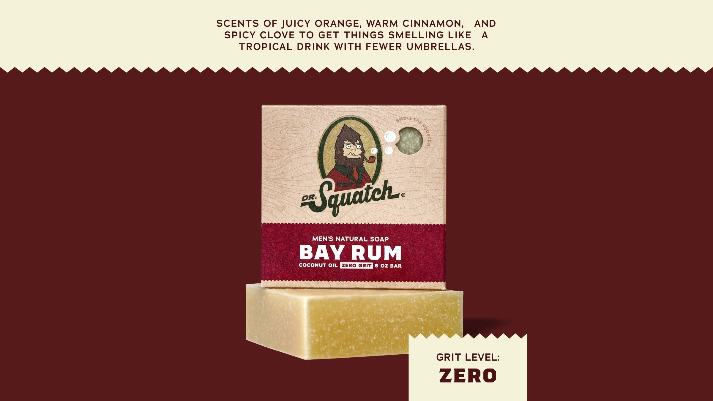 Brand and ingredient story panel for Dr. Squatch Bay Rum bar soap